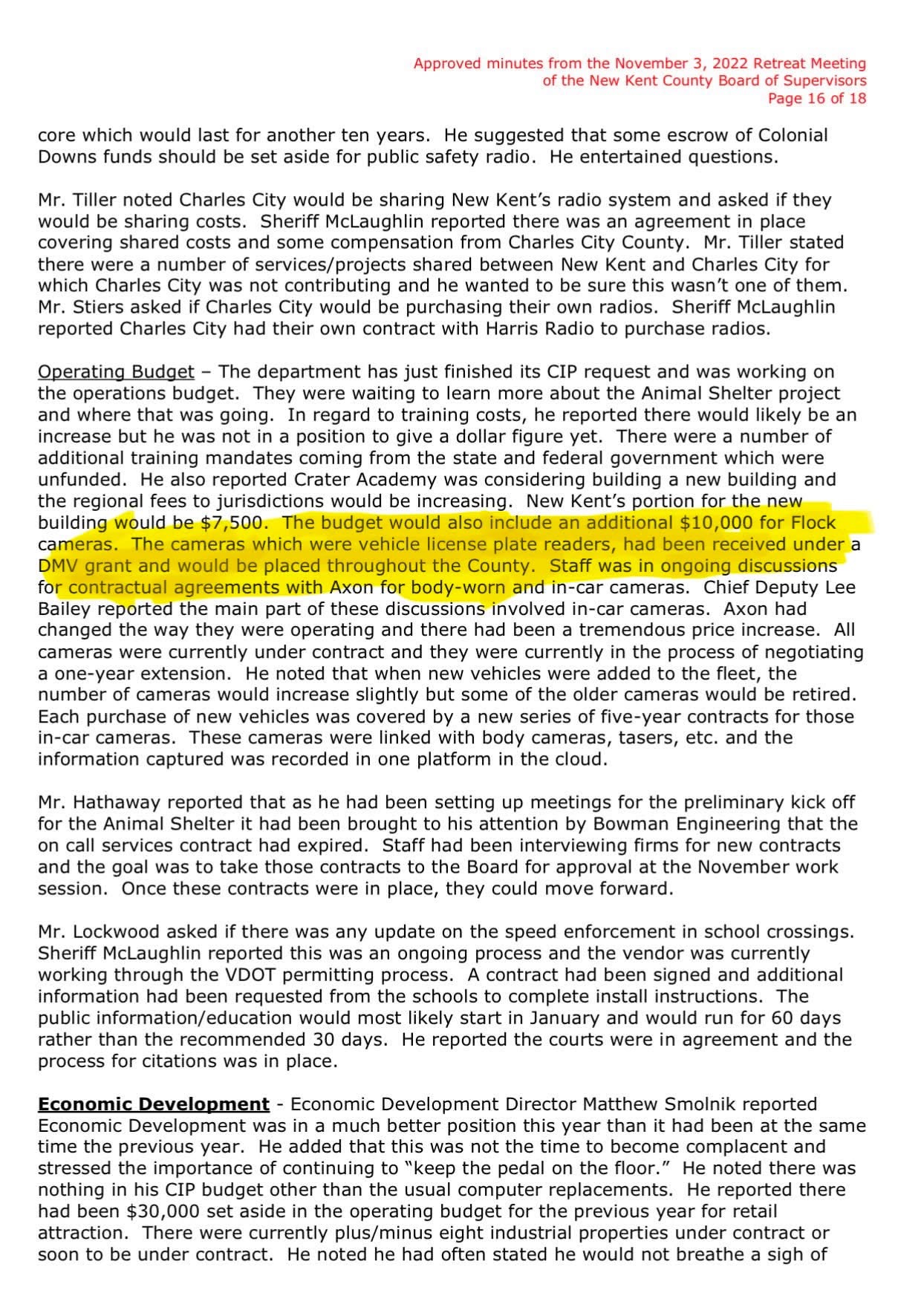 Excerpt from the November 3, 2022 New Kent County Board of Supervisors retreat minutes discussing Flock license plate reader cameras, with the relevant passage highlighted.